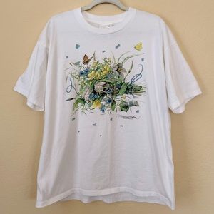 Vintage 1995 Marjolein Bastin Cottagecore Floral Bouquet Artwork White Tee Shirt